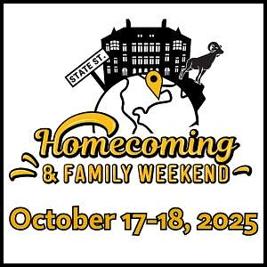 A graphic promoting "Homecoming & Family Weekend" on October 17-18, 2025, featuring a building, street sign, and goat silhouette.